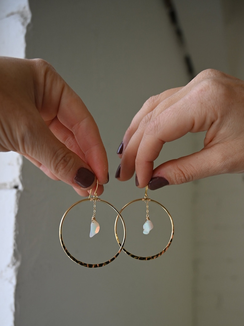 Opal Gold Hoop Earrings Raw Opal Pendant Gold Chain Earrings Hammered Hoop Earrings Cute Earrings Bridal Earrings-Wedding Earrings image 7