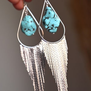 Turquoise Crystal Statement Silver Fringe Earrings Dangle Earrings Bridal Earrings-Wedding Earrings-Unique Earrings-Boho Earrings image 5