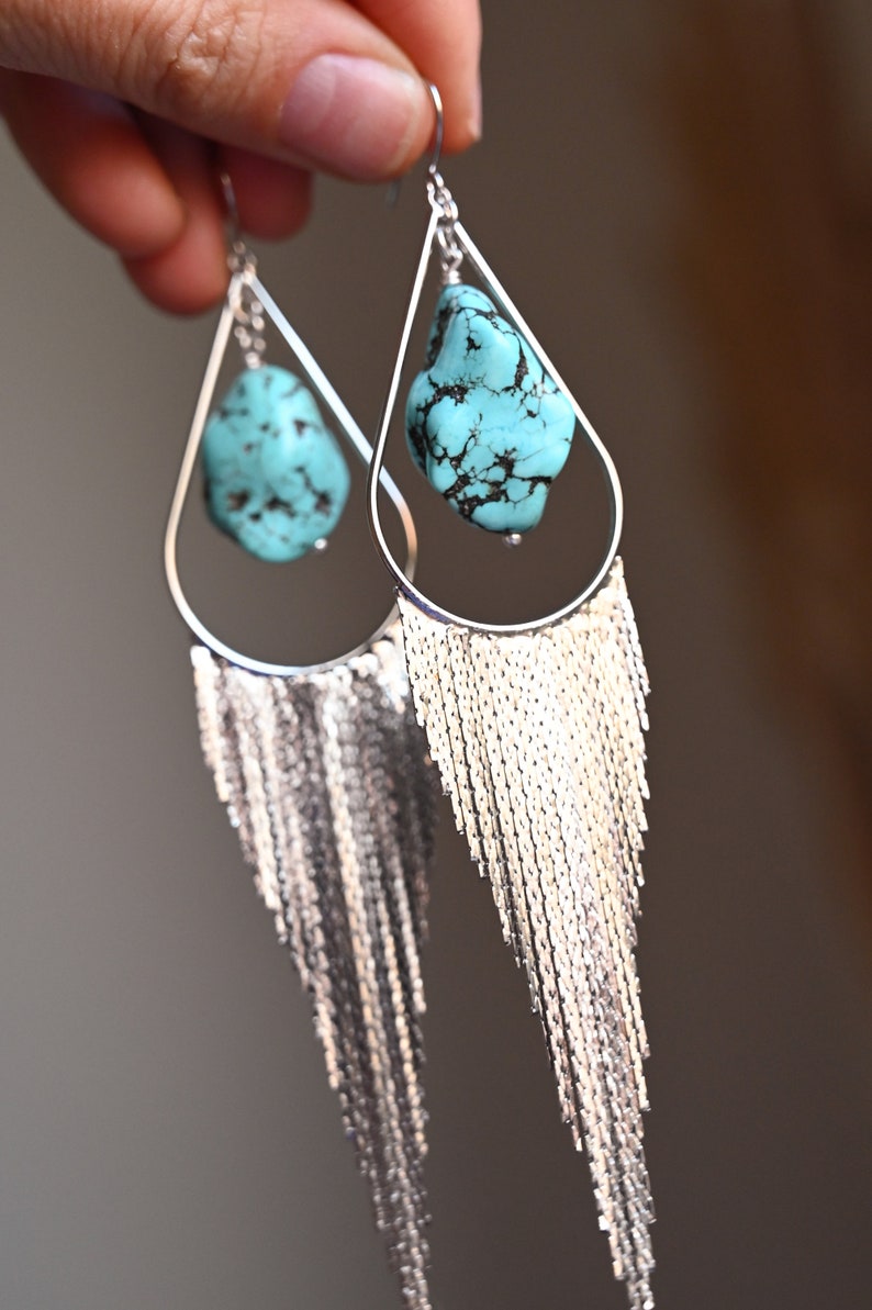 Turquoise Crystal Statement Silver Fringe Earrings Dangle Earrings Bridal Earrings-Wedding Earrings-Unique Earrings-Boho Earrings image 5