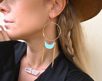 Blue Moon Gemstone Gold Hoop Earrings - Agate Crystal Earrings - Unique Earrings - Statement Earrings - Boho Earrings - Aesthetic Earrings