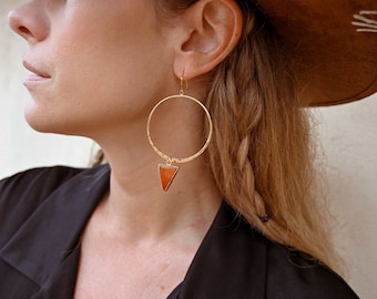 Carnelian Gemstone Gold Hoop Earrings - Hammered Gold Earrings - Carnelian Jewelry - Minimalist Earrings - Boho Earrings - Gemstone Earrings