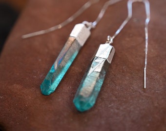 Aura Quartz Sterling Silver Threader Earrings - Crystal Earrings Dangle - Boho Earrings - Gifts For Girlfriend - Iridescent Earrings