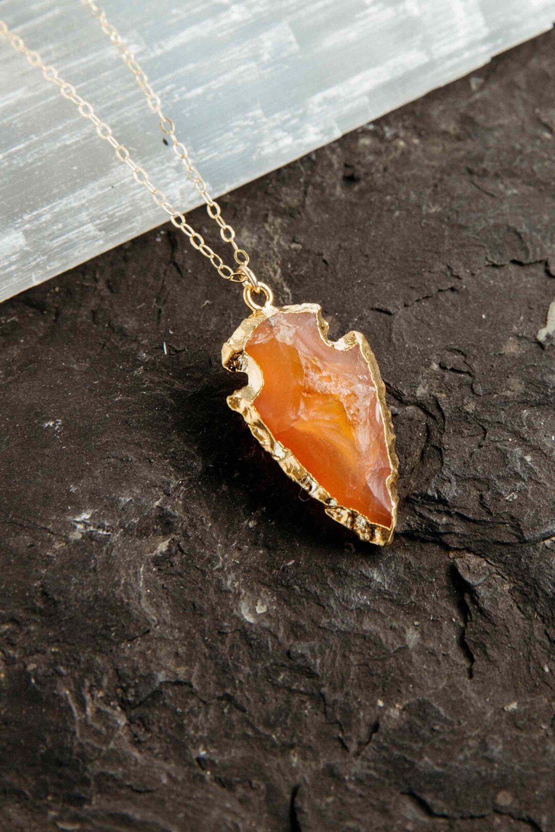 Carnelian Pendant Necklace Gold Gemstone Necklace Handmade Boho Necklace Arrowhead Necklace 14k