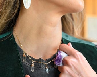 Clear Quartz Gold Fill Necklace - Boho Gemstone Jewelry