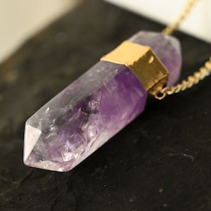 Amethyst Crystal Pendant Gold Necklace - Statement Necklace - Birthstone Necklace - Long Gold Necklace-Amethyst Gemstone Curb Chain Necklace
