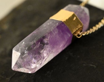 Amethyst Crystal Pendant Gold Necklace - Statement Necklace - Birthstone Necklace - Long Gold Necklace-Amethyst Gemstone Curb Chain Necklace