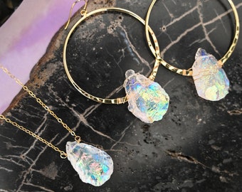 Angel Aura Quartz - Gold Hoop Earrings - Gold Chain Necklace - Crystal Necklace - Crystal Earrings - Statement Earrings For Women-Bride Gift