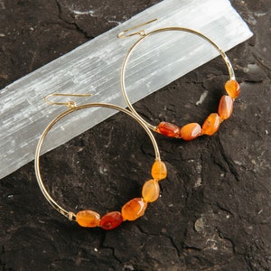 Carnelian Crystal Gold Earrings-Hammered Gold Hoops-Trendy Boho Handmade Jewelry-Wire Wrap Carnelian-Red Earrings-Gemstone Hoop Earrings