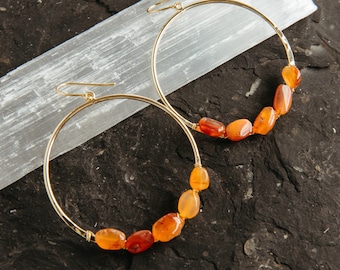 Carnelian Crystal Gold Earrings-Hammered Gold Hoops-Trendy Boho Handmade Jewelry-Wire Wrap Carnelian-Red Earrings-Gemstone Hoop Earrings