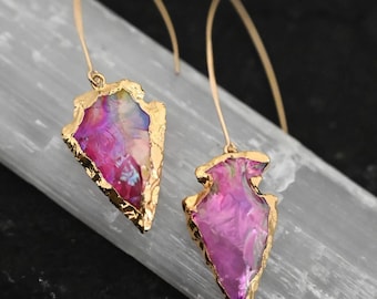 Pink Aura Quartz Arrowhead Earrings - Gold Fill Boho Jewelry