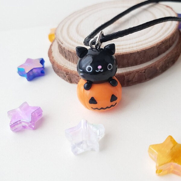 Black Kitty in Pumpkin Necklace