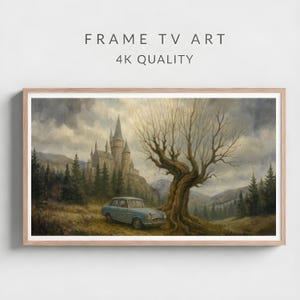 May include: A framed digital art print with a landscape scene. The artwork features a castle, a blue car, and a large tree. The text "FRAME TV ART" and "4K QUALITY" are displayed at the top.