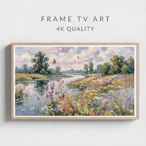 Spring Frame TV Art, Pastel River Landscape, Wildflower Meadow Oil Painting, Butterfly Scene, Impressionist 4K Decor