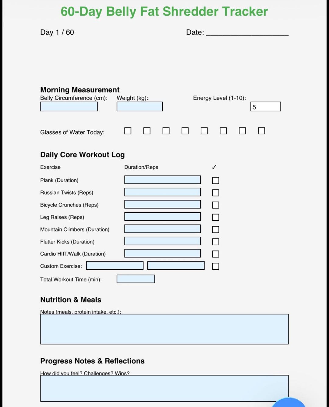 60-day Belly Fat Shredder Tracker Fillable PDF | Daily Core Workout Log ...