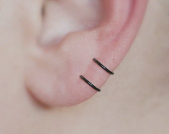 Fake Piercings, Mini Ear Huggers, Black Ear Cuffs: Hypoallergenic Small Hoop Earrings (Pair)