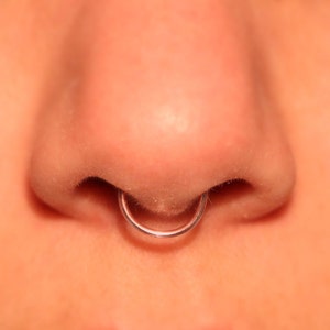 May include: Close-up of a person's nose with a silver nose ring.