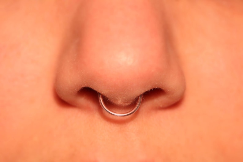 May include: Close-up of a person's nose with a silver nose ring.