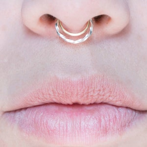 May include: Close-up of a person's nose with a double hoop nose ring. The ring is made of two thin metal hoops, one gold and one silver, that are intertwined.