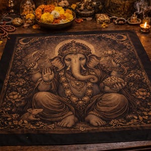 Puede incluir: Un tapiz cuadrado con una detallada ilustración de la deidad hindú Ganesha, representado con cabeza de elefante y múltiples brazos. La obra de arte es en tonos marrones y dorados, con una rata en la parte inferior izquierda. El tapiz tiene un borde negro.