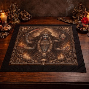 Puede incluir: Un tapiz cuadrado negro con una ilustración detallada de la diosa hindú Kali. La obra de arte representa a Kali con múltiples brazos, sosteniendo una espada y una cabeza cortada, rodeada de llamas y calaveras. El tapiz está sobre una superficie de madera.