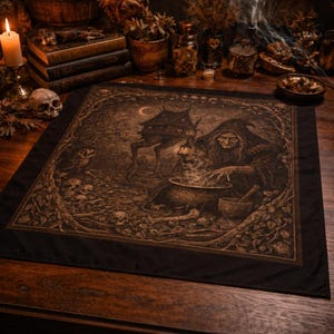 Pode incluir: Uma tapeçaria quadrada preta com uma ilustração em tons sépia de uma bruxa mexendo um caldeirão em uma floresta. A cena inclui uma casa sobre palafitas, uma coruja, caveiras e uma lua crescente. A tapeçaria tem uma borda escura.