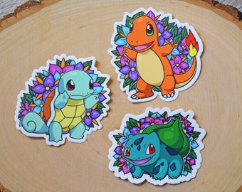 Set of Charmander, Bulbasaur, and Squirtle High-Quality Vinyl Stickers from Pokemon Red and Blue