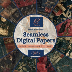 May include: A circular collage of 12 digital papers with a dark academia theme. The papers feature vintage books, ravens, keys, and botanical elements in shades of navy, burgundy, and cream. Text includes "Seamless Digital Papers" and "Vol 1".