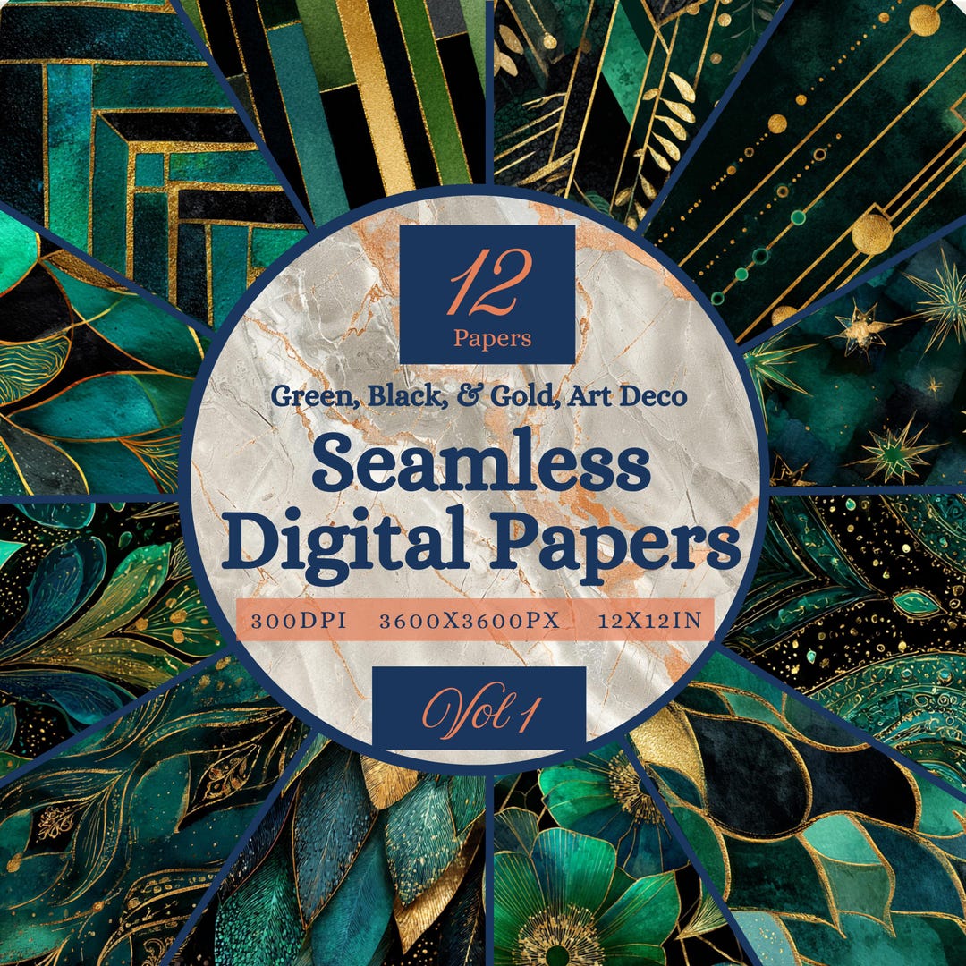 Art Deco Seamless Printable Paper, Green Black Gold Square Backgrounds ...