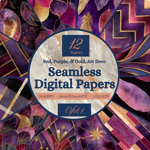 Art Deco Seamless Printable Paper, Red Purple Gold Square Backgrounds, Volume 1 (Digital Download)
