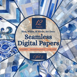May include: A collection of 12 seamless digital papers in blue, white, and silver, with art deco designs. The papers are 12x12 inches and have a resolution of 300 DPI. The image includes the text "Vol 3".