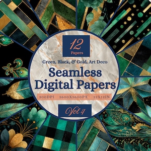 May include: A set of 12 seamless digital papers with art deco designs in green, black, and gold. The patterns include geometric shapes and floral motifs. Each paper measures 30.48 x 30.48 cm. Vol 4.