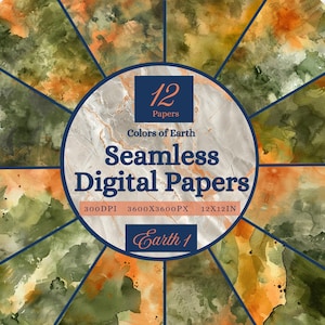 May include: A digital paper pack titled "Colors of Earth" featuring 12 seamless digital papers. The papers have watercolor textures in shades of green, orange, and brown. The image includes the text "Seamless Digital Papers" and "Earth 1".