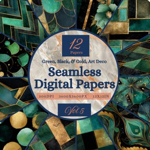 May include: A set of 12 seamless digital papers in green, black, and gold, with an art deco design. The papers measure 30.48 x 30.48 cm and have a resolution of 300 DPI. The design features geometric shapes and floral motifs.