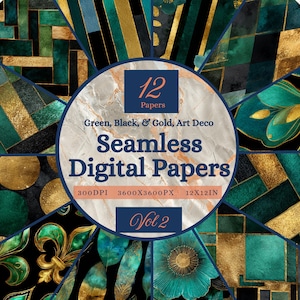 May include: A set of 12 seamless digital papers with Art Deco designs in green, black, and gold. The papers have a resolution of 3600x3600 pixels and measure 30.48 x 30.48 cm. The image includes the text "Vol 2".