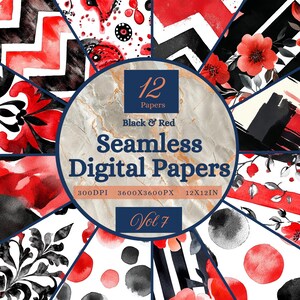 Puede incluir: Una colección de 12 papeles digitales sin costuras en rojo y negro, con varios diseños florales, formas geométricas y pinceladas abstractas. Los papeles miden 30,48 x 30,48 cm y están etiquetados como Vol 7.