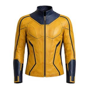 May include: A mustard yellow and navy blue jacket featuring a high collar, a full-length front zipper, and structured paneling. The design includes navy blue accents on the shoulders, collar, and forearms, with intricate stitching throughout the garment.