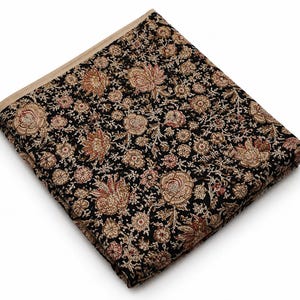 Black Floral Cotton Fabric | Indian Block Print Botanical Sewing Yardage