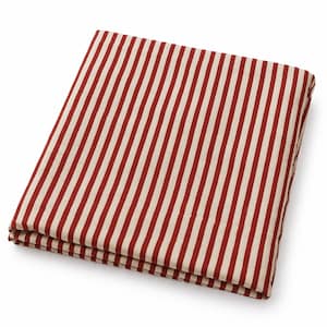May include: A folded textile piece featuring a repeating pattern of vertical stripes in deep red and off-white. The fabric is neatly stacked, showcasing the consistent width of the alternating colored lines across the entire surface of the material.