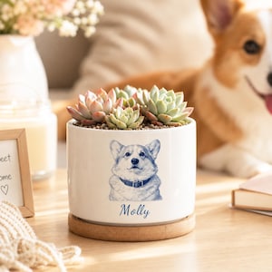Personalisierter Hund Portrait Pflanztopf, Haustier Name Keramik Topf, Bambus Basis Blumentopf, Blaue Skizze Haustier Gedenkgeschenk, Hund Mutter Katze Mutter Geschenk