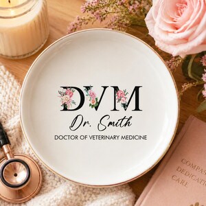 Personalized DVM Jewelry Dish, Custom Veterinary Doctor Gift, Floral Name Ring Holder, Animal Clinic Decor Tray, Vet Graduation Gift