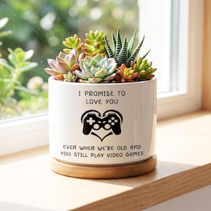Gamer Boyfriend Gift Ceramic Planter, Romantic Love Quote Pot "Promise to Love You", Video Game Controller Decor, Couple Anniversary Gift