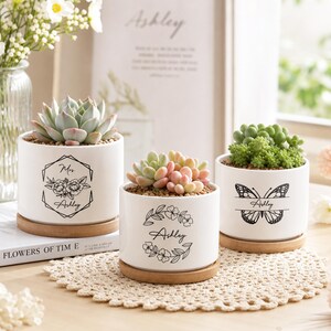 May include: Three white cylindrical ceramic planters with bamboo saucers, each containing a succulent. The planters feature black line art designs: a geometric floral frame with "Mrs. Ashley", a circular floral wreath with "Ashley", and a butterfly with "Ashley".