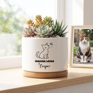 Personlig kruka för husdjur, anpassad suckulentkruka för katt, blomkruka i keramik, gåva för evigt älskad förlust av husdjur, kondoleansgåva för kattälskare