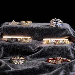 May include: A collection of rings on a grey velvet surface. The rings showcase diverse designs, such as crowns, crests, and inscriptions. Colours include gold, silver, red, green, and blue. Some rings are adorned with gemstones.