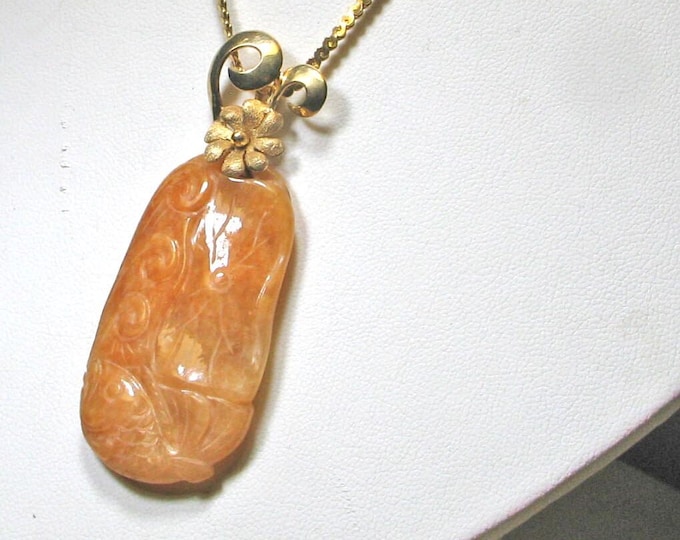 Vintage Red Orange Jadeite Jade Pendant with Decorative Gold Bail