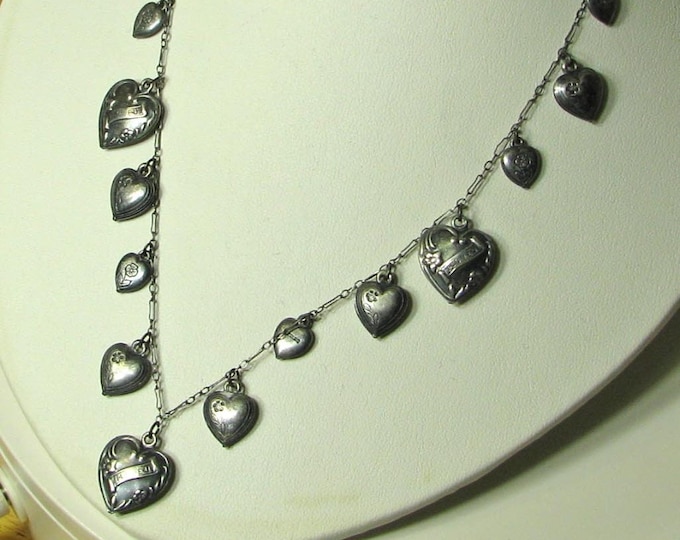 Vintage Art Deco Puffy Heart Sterling Silver Station Necklace