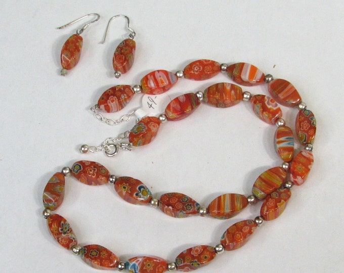 Venetian Set Orange Milli Flori Necklace with Silver Set