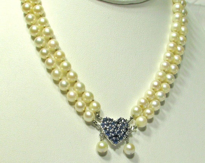 Vintage Double Strand of Quality Pearls with Sapphire Heart Clasp