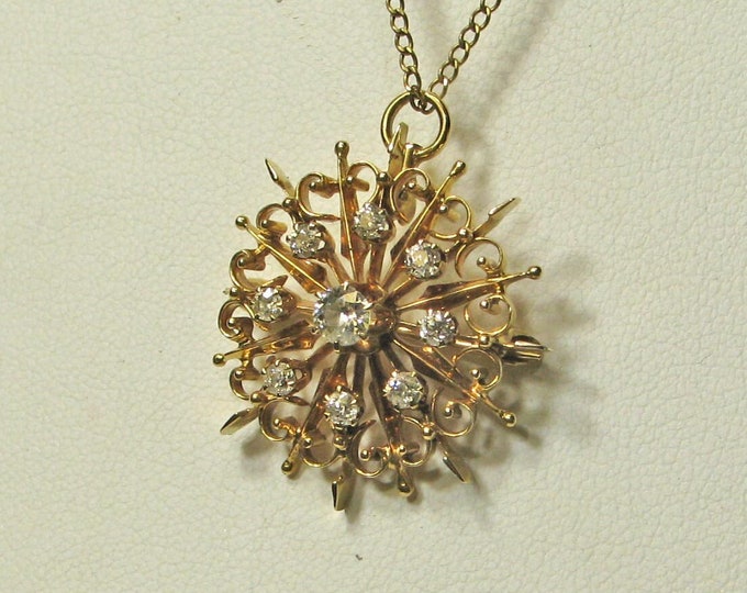 Vintage Edwardian Gold Diamond Starburst Brooch Pendant with OEC