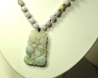 Vintage Faint Green and Lavender Jadeite Jade Carved Pendant Necklace